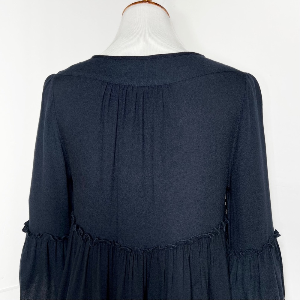 SOLD-Romeo+Juliet Couture Navy Blue Ruffled Tiered Bell Sleeve Tie Neck Top - Picture 8 of 10
